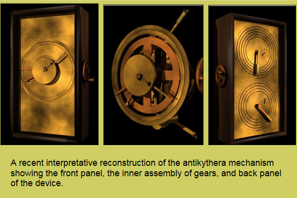 Reconstruction of the antikythera mechanism showing gearing and inscribed front and back panels