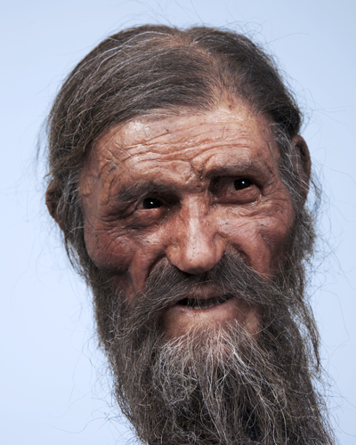close up pictures of Otzi's 'reconstructed' head and face