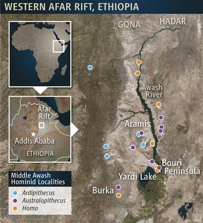 Map of Ethipia showing the location of the Ardi fossil discovery