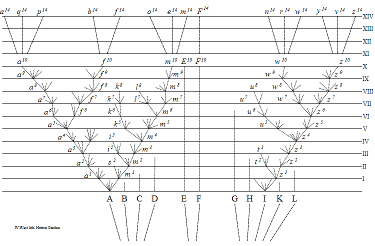 Diagram used by Darwin in the Origin_of_Species-1859 as an assistance to explainig his views on on the tree of life-