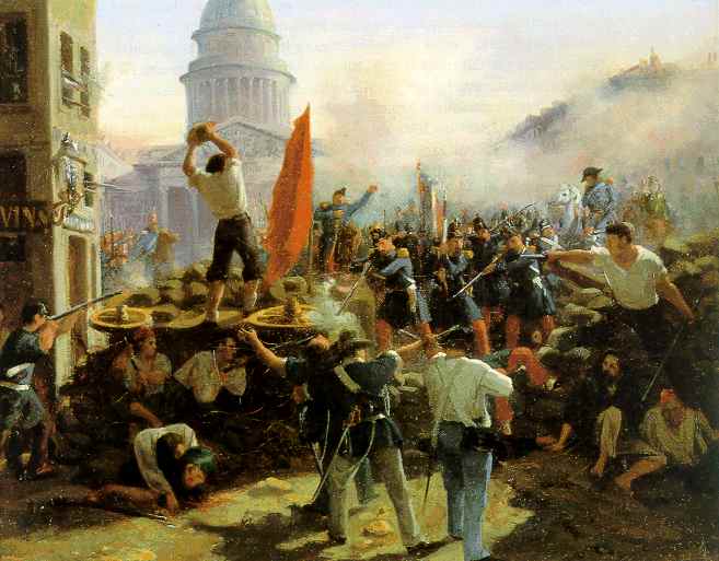 painting of armed soldiers assailing over one such barricade