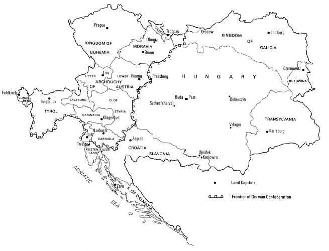 Mapping showing how the extensive Habsburg territories lay both within and - to the east - outside the German Confederation