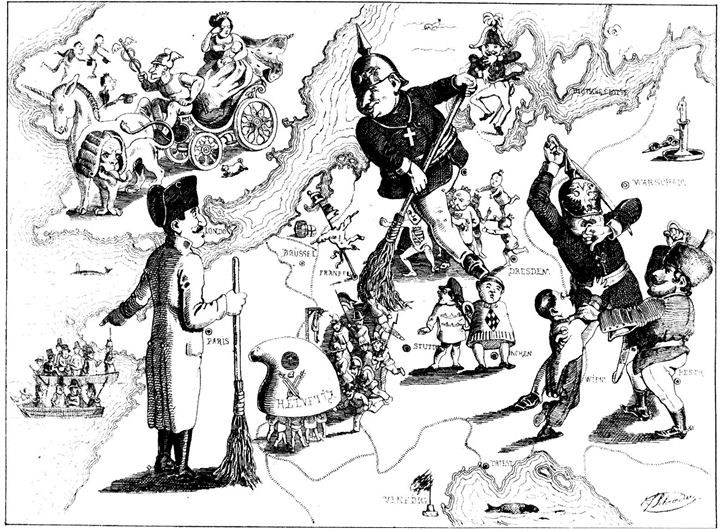 caricature, by Ferdinand Schr der, showing a, perhaps reactionary, view on the defeat of the revolutions of 1848/49 in Europe