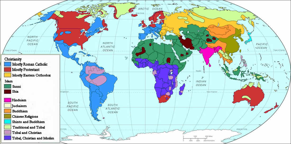 Global map of the distribution of regionally predominant religions