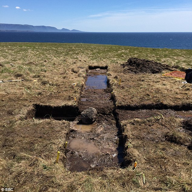 photograph of a possible stone-built iron ore drying hearth at Point Rosee / Point Rosie