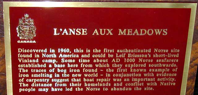 photograph of an interpretive plaque standing at L'Anse_aux_Meadows