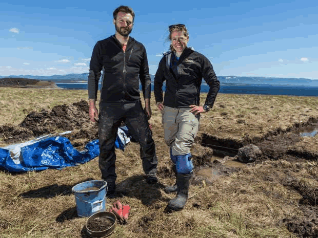 Norse specialist Douglas Bolender and Space Archaeologist Sarah Parcak on site at Point Rosee, Newfoundland - summer 2015