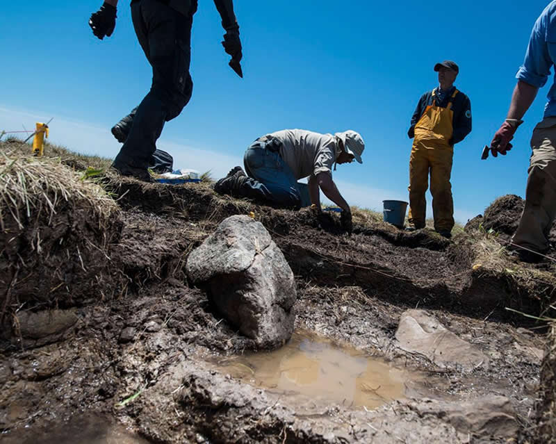 photograph of a possible stone-built iron ore drying hearth at Point Rosee / Point Rosie